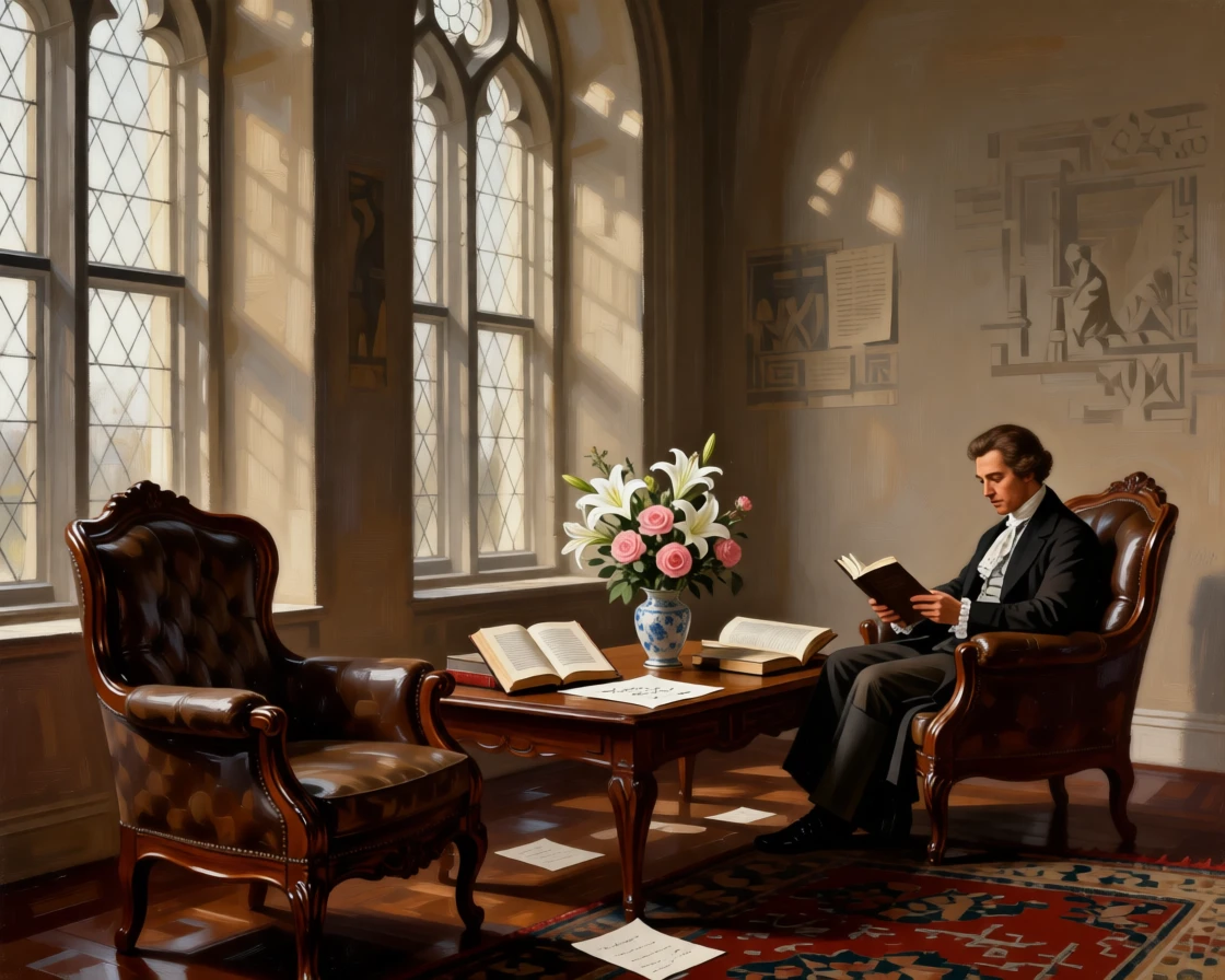 A quiet reading room with leather armchairs beside tall arched windows resonating with the faint echo of distant footsteps, set within a royal residence steeped in history, with fresh flowers, open books, and half-finished correspondence scattered about; a lone figure or object provides scale against the soaring architecture, capturing the serene majesty of a space built to inspire awe.