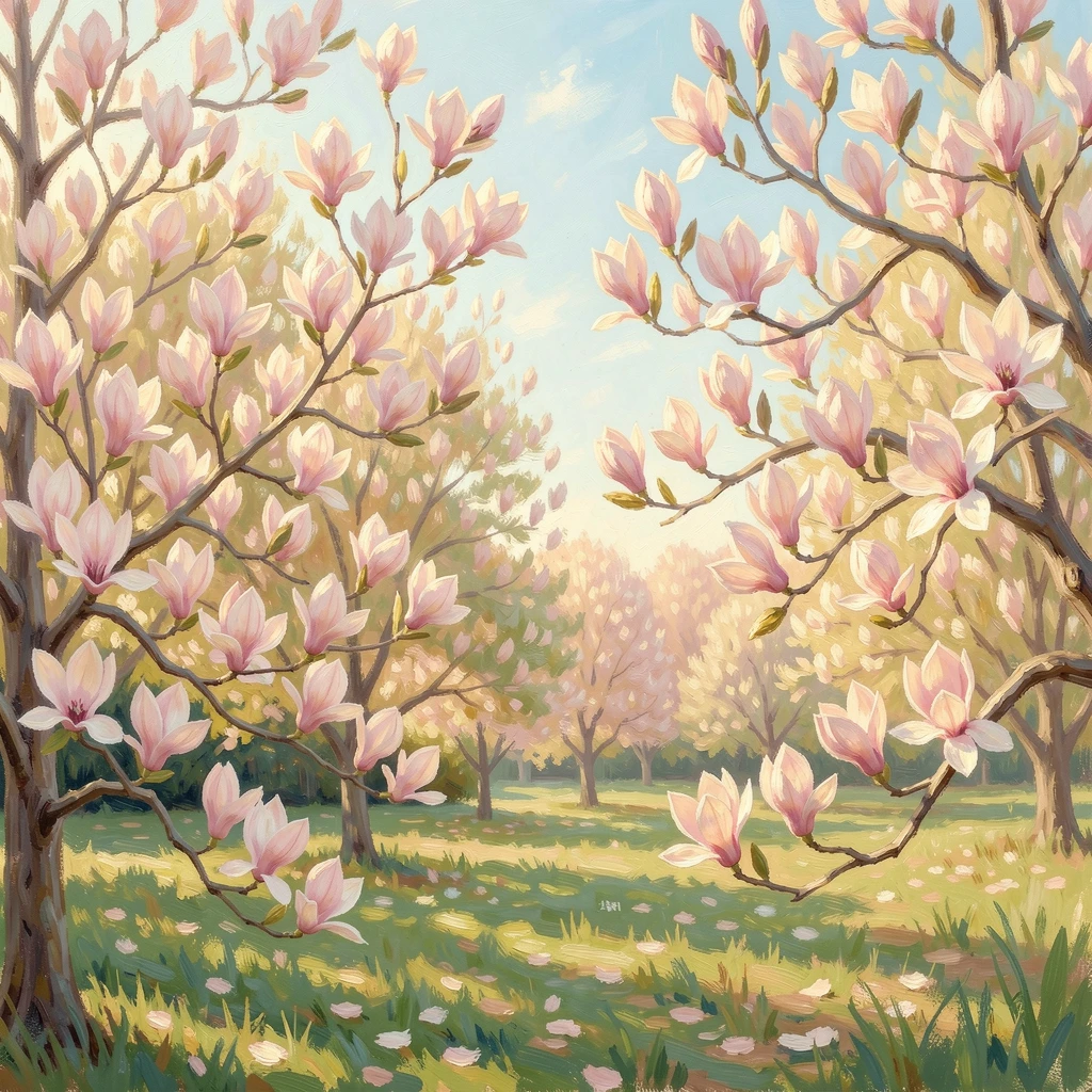 A garden of blooming magnolias, their pale pink blossoms unfurling against a soft spring sky, just as the first blossoms of spring appear, conveying a feeling of romance and tranquility.