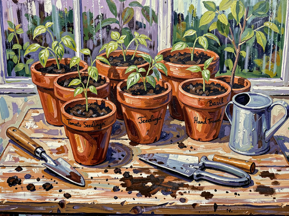 A greenhouse potting table cluttered with terracotta pots, seedlings, and gardening tools.