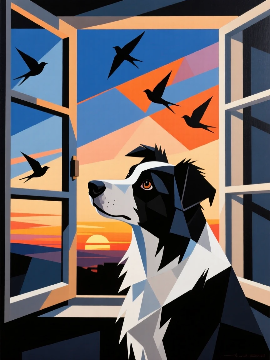 A charming portrait of a spirited border collie watching birds intently from an open window, just before sunset.