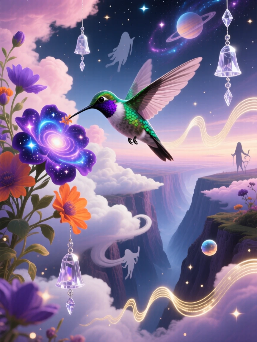 A hummingbird pollinating flowers that bloom into tiny galaxies drifts weightlessly through a canyon of soft clouds, while soft chimes seem to ring with each of its movements.