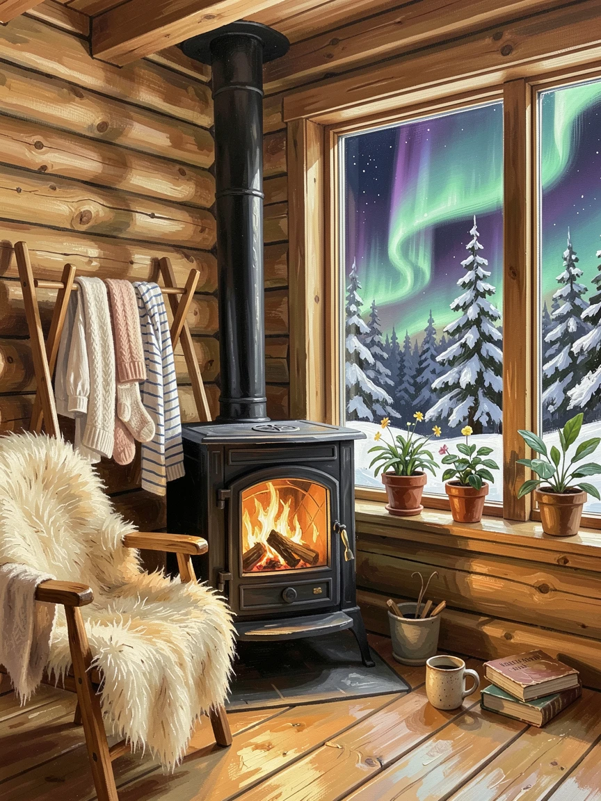 A cozy Scandinavian cabin interior shows a wood-burning stove, sheepskin throws, and large windows revealing a snow-covered forest under the aurora, small everyday details, like drying laundry or potted plants, giving the scene a lived-in warmth.