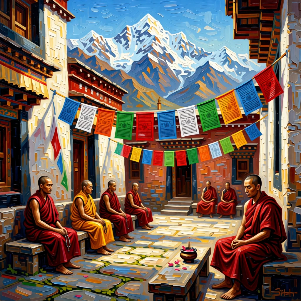 A mountain monastery courtyard with monks in quiet meditation beneath prayer flags