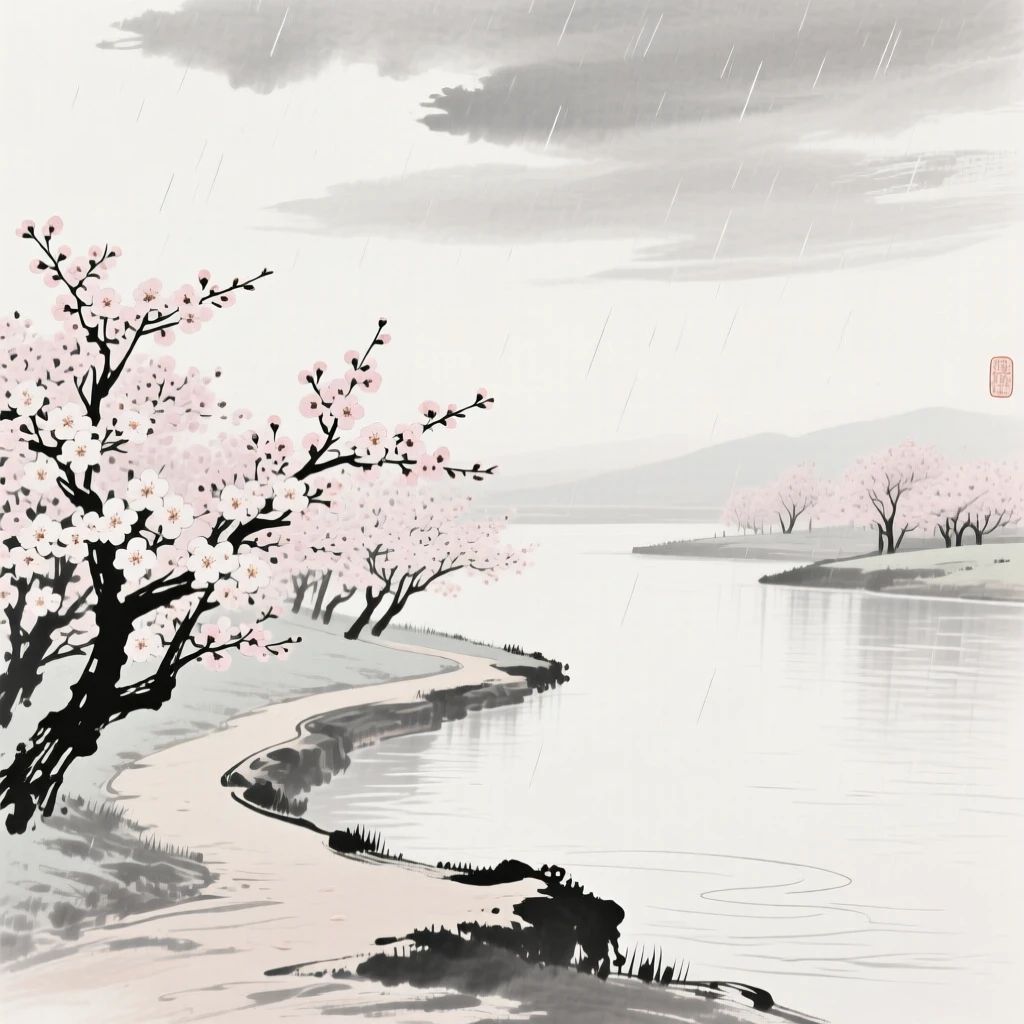 Cherry blossoms bloom in full along a quiet riverside path, beneath a sky washed clean by recent rain.