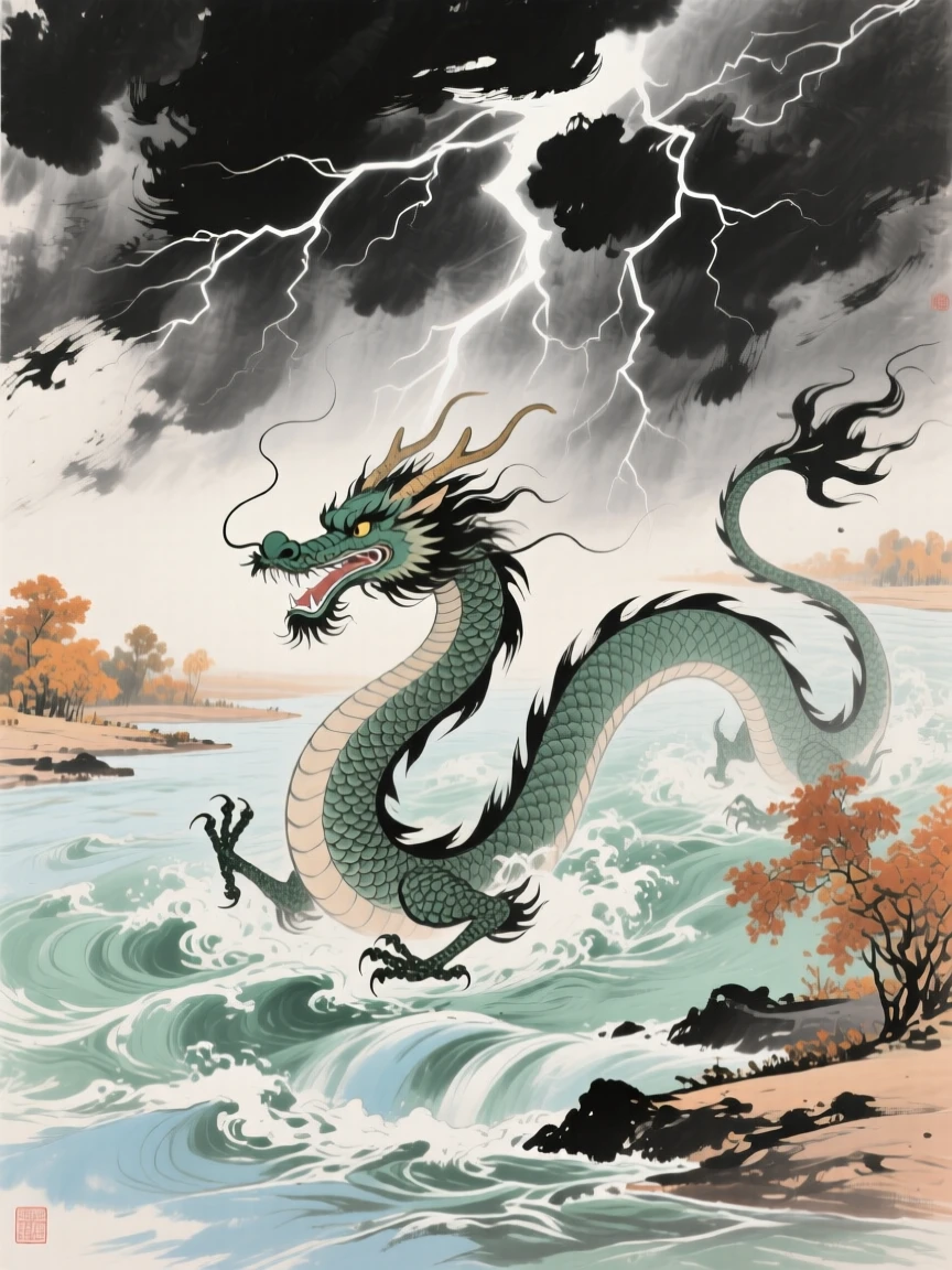 A dragon emerging from a churning river beneath a lightning lit sky, full of quiet reverence, at the turn of autumn.