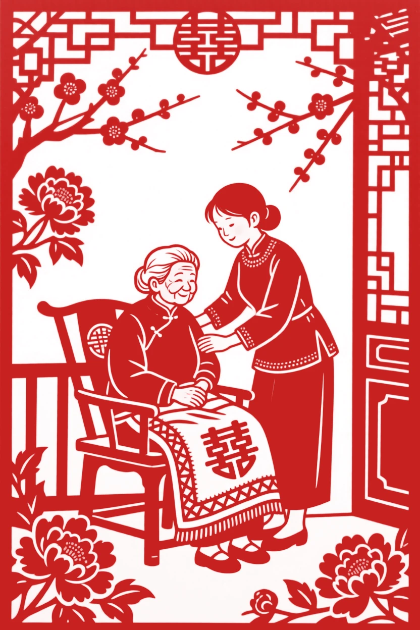 A daughter helping her elderly mother into a chair on the porch, tucking a blanket around her knees