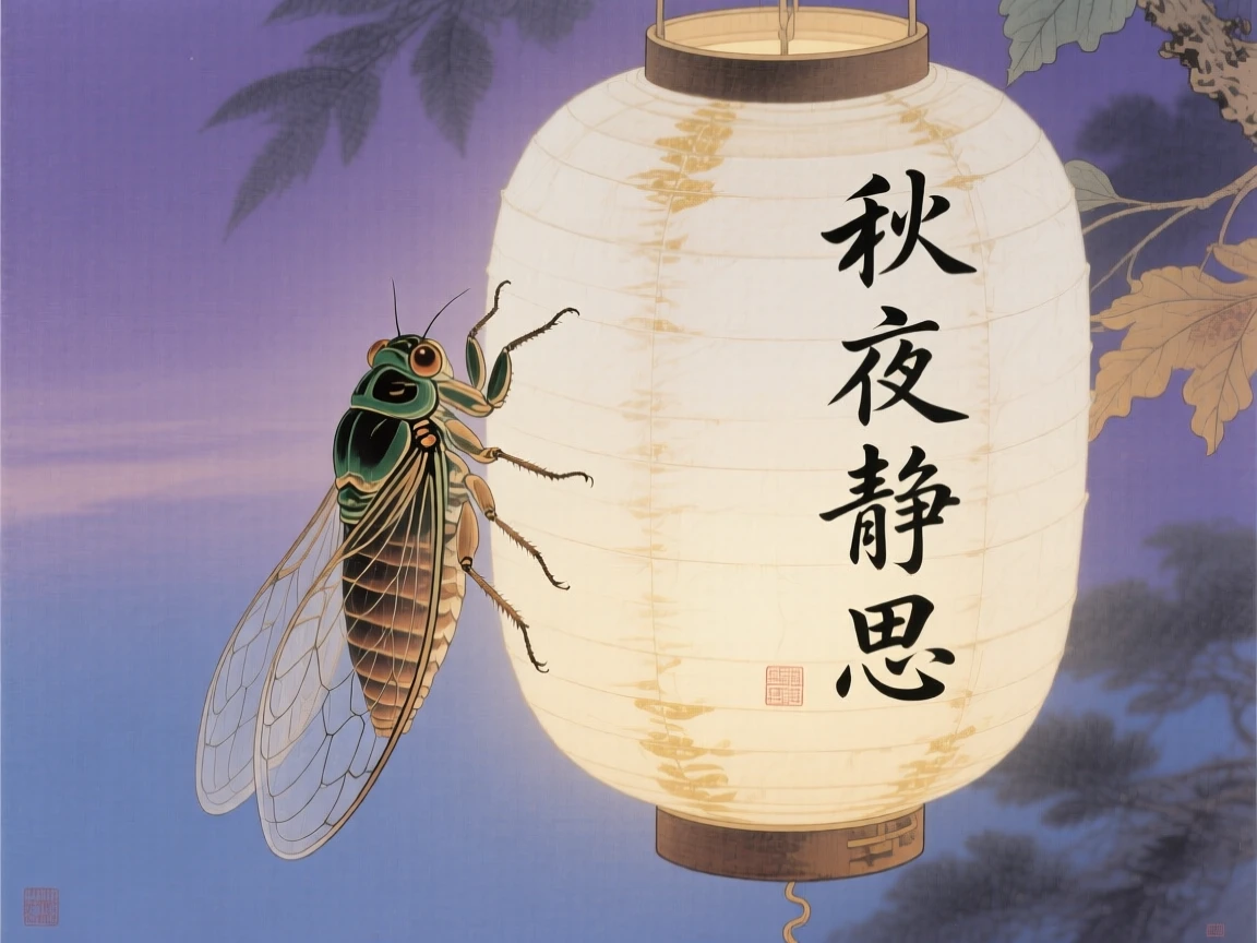 A cicada near a paper lantern at twilight