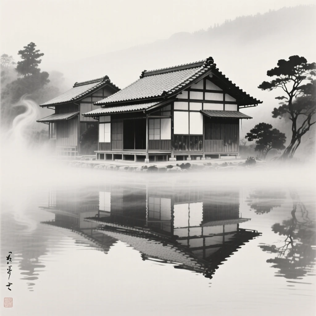 A traditional courtyard house wrapped in early morning fog, seen from across still water, reflected on the surface, evoking centuries of quiet history and devotion.
