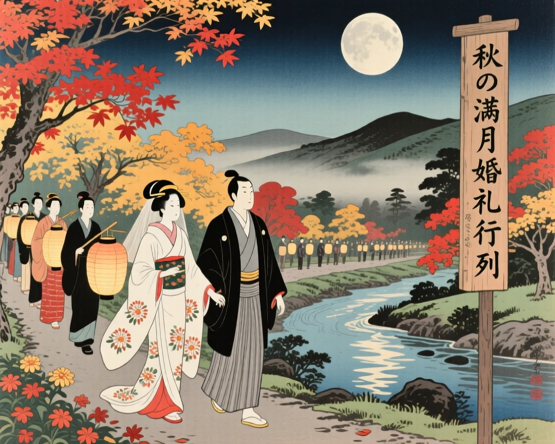 A wedding procession admiring the full autumn moon together.