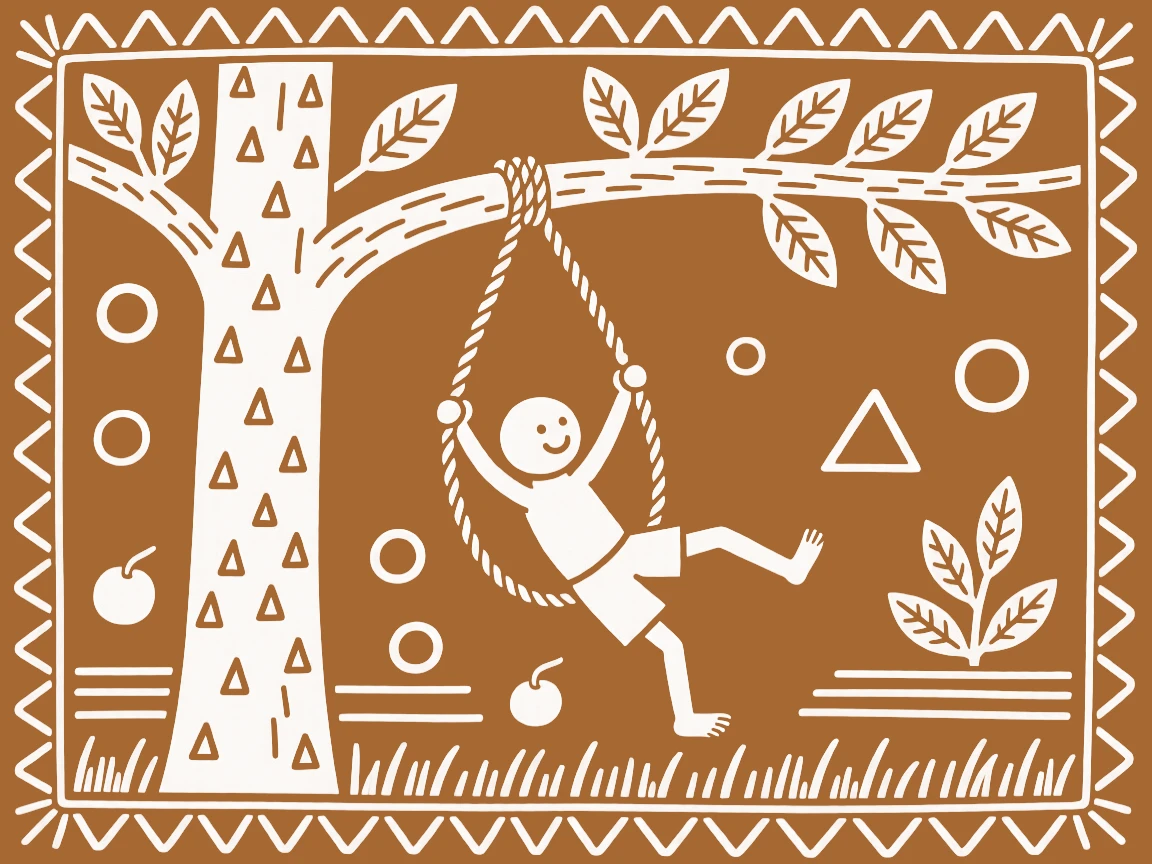 A barefoot boy swinging from a rope tied to a tree branch.