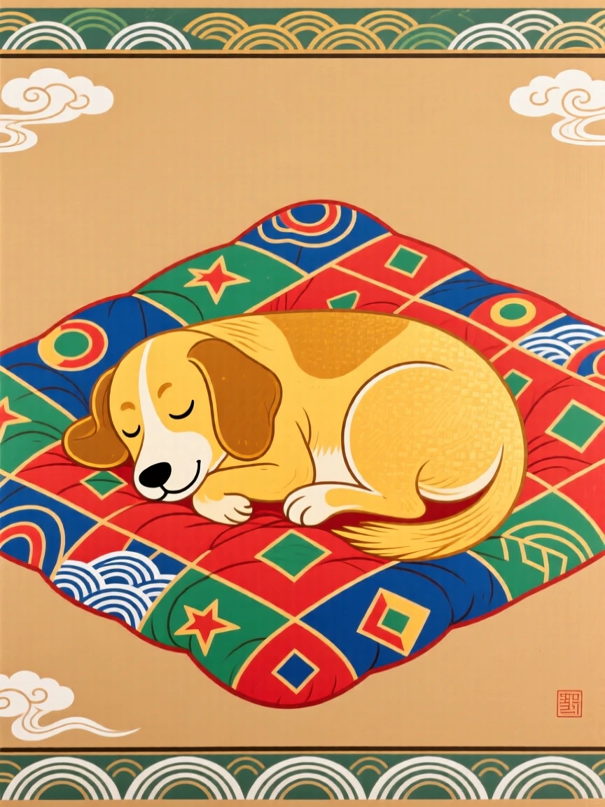 A loyal golden dog curled up on a folded quilt.