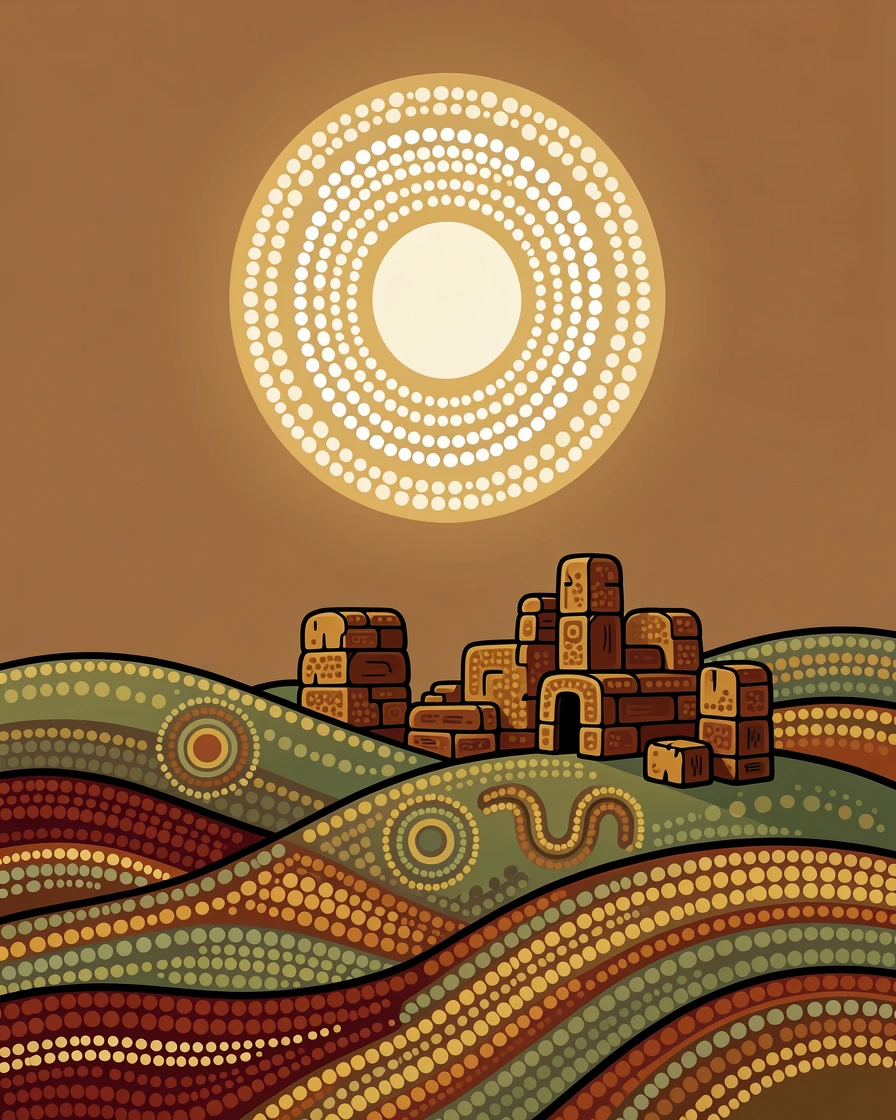 A full moon rising over ancient ruins over rolling hills