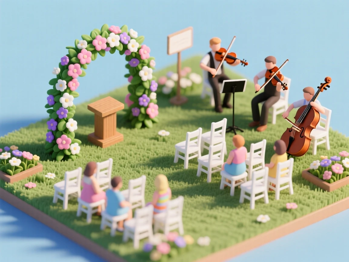 A summer garden wedding with flower arches, guests seated on white chairs, and a string quartet playing softly nearby.