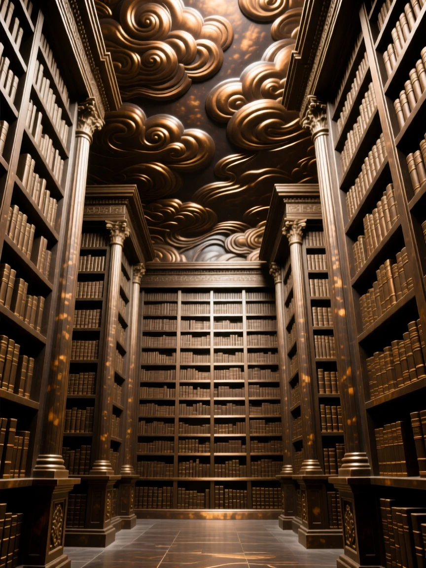 An ancient library filled with towering shelves of books, framed by a dramatic sky, exuding timeless grandeur