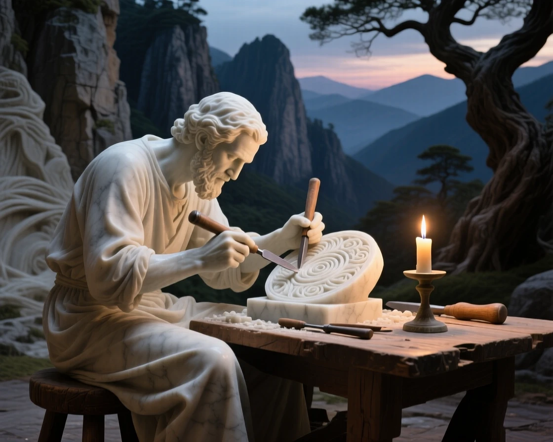 An evocative depiction of an artisan carving intricate patterns by candlelight, framed by dramatic natural scenery, balancing detail with emotional depth