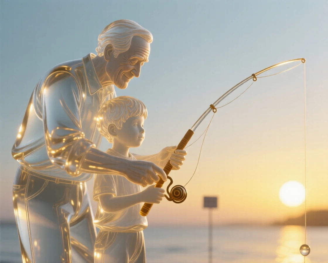 A grandfather teaching his grandson to fish at sunrise while quiet joy fills the space between them