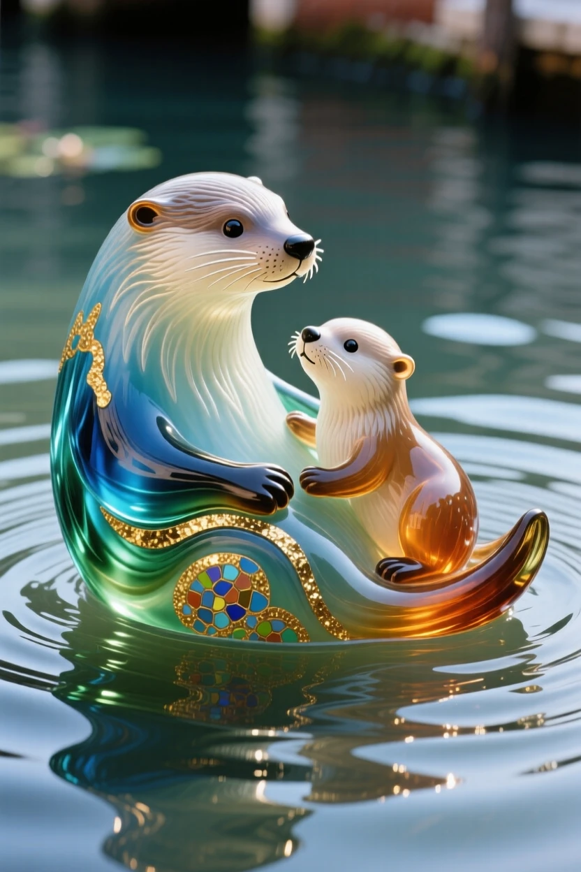 A mother otter and pup floating together on calm river water, tender and playful.