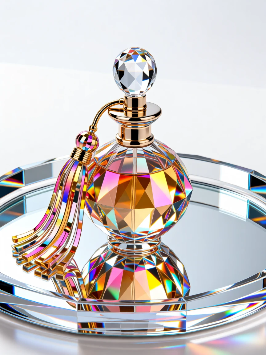 A vintage perfume atomizer with an ornate tassel resting on a mirrored tray.