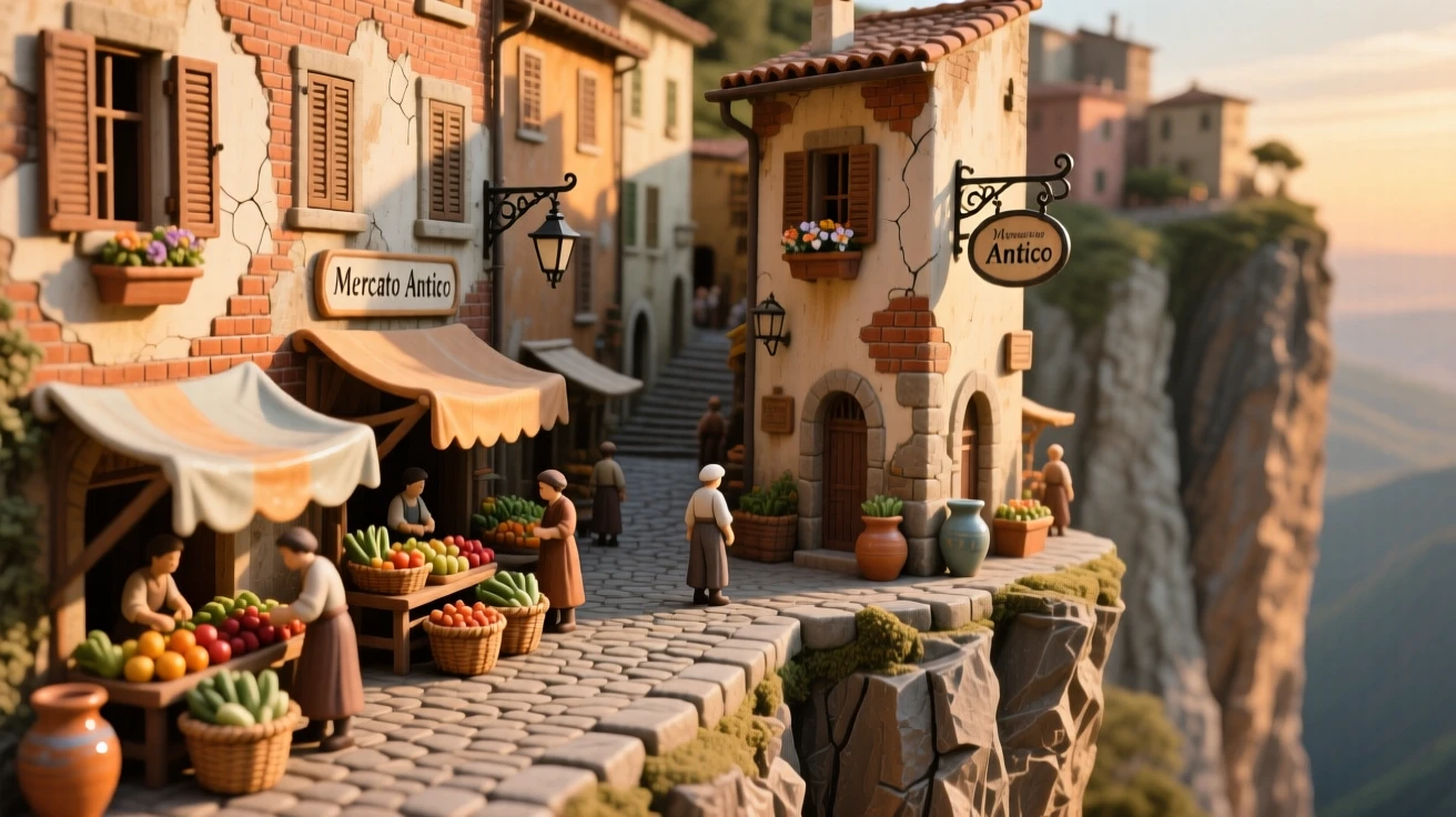 A bustling market square framed by old facades perched dramatically at the edge of a cliff, bathed in the golden light of late afternoon, evoking timeless wonder and quiet grandeur.