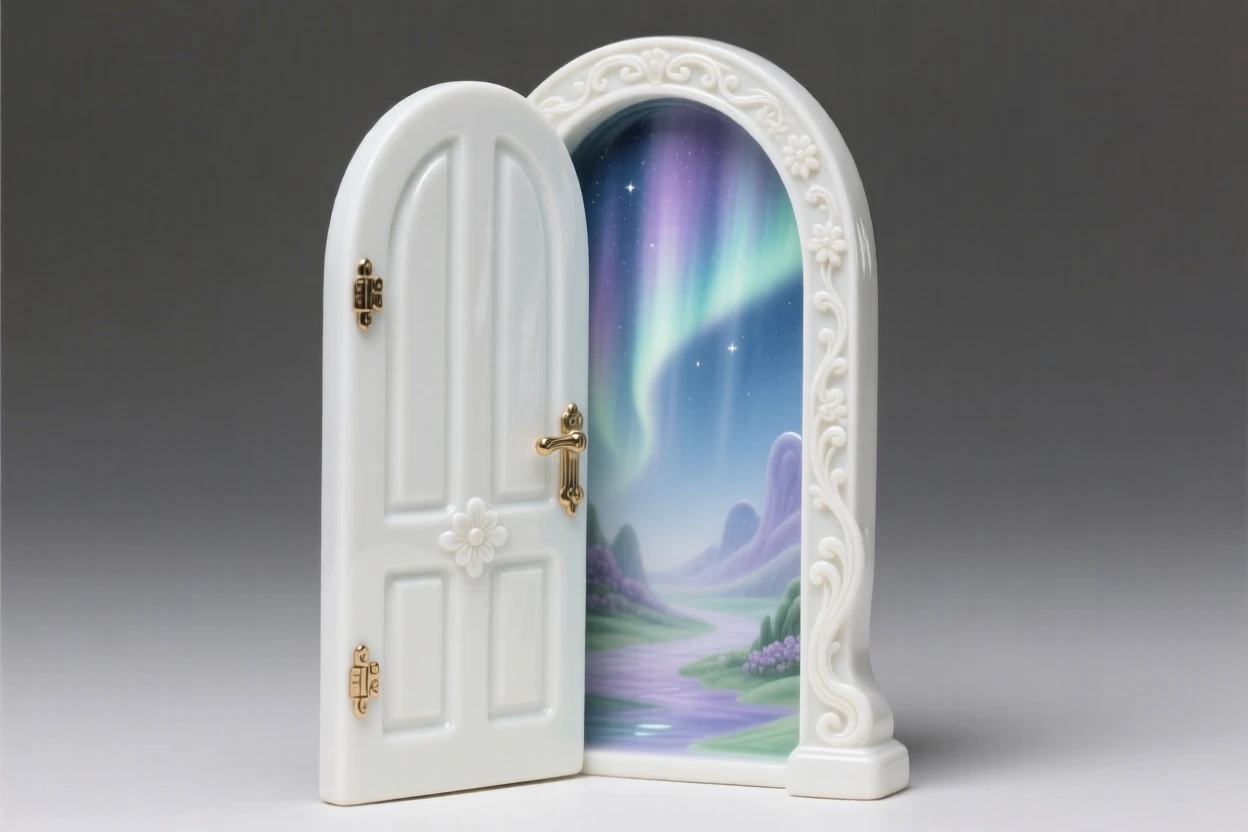 A magical secret door opening into a magical realm, colors shifting like an aurora overhead.