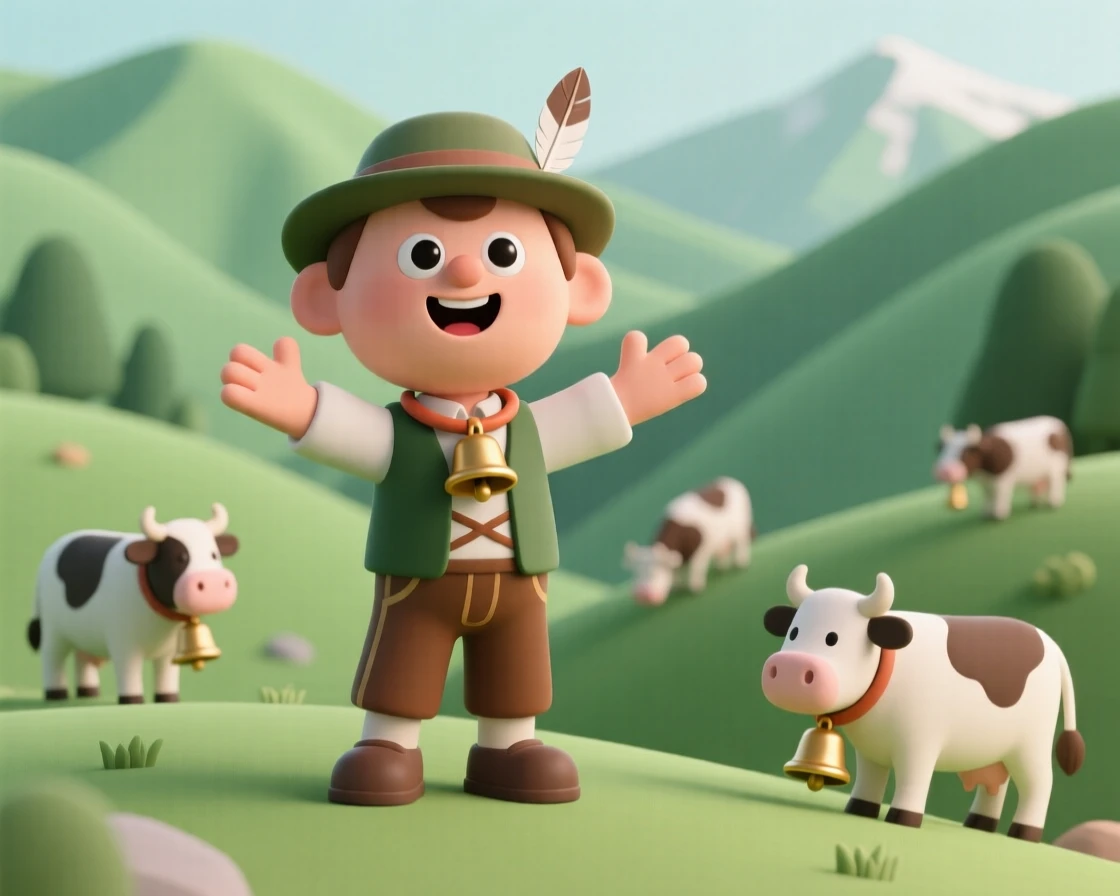 A cheerful Swiss yodeler calls out across a green alpine valley, cowbells echoing from grazing herds nearby.