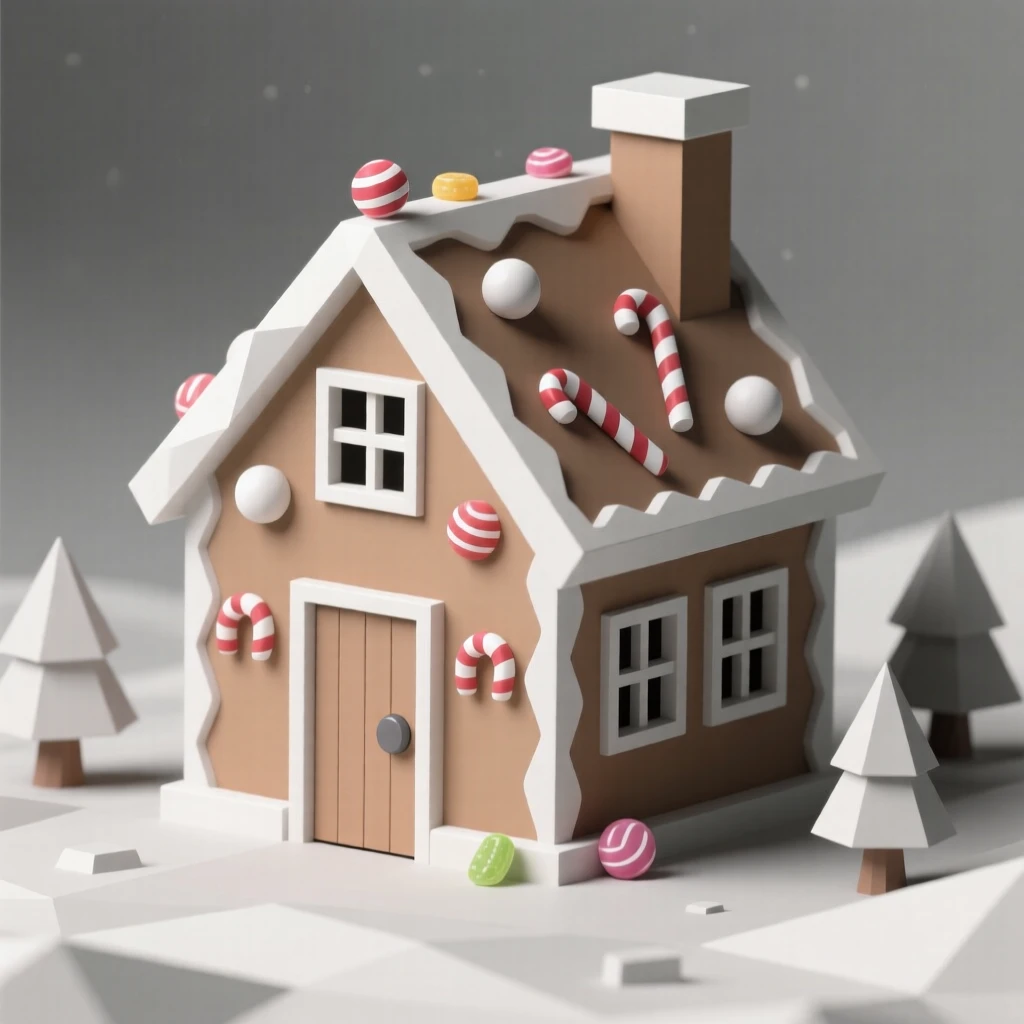 A festive gingerbread house covered in colorful candy, as the last light of evening fades. small charming details enrich the festive setting. The mood feels cozy and nostalgic.