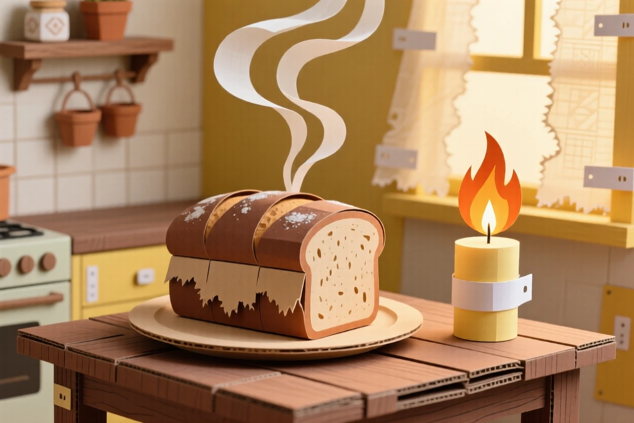 A rustic loaf of artisan bread plated in a cozy candlelit kitchen, with steam rising gently into soft light, evoking comfort and rich flavor.