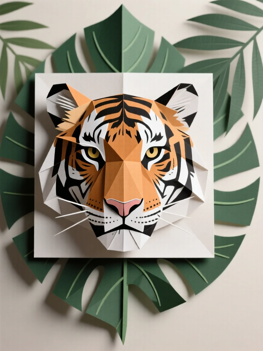 A stylized tiger face centered within a decorative jungle leaf frame.