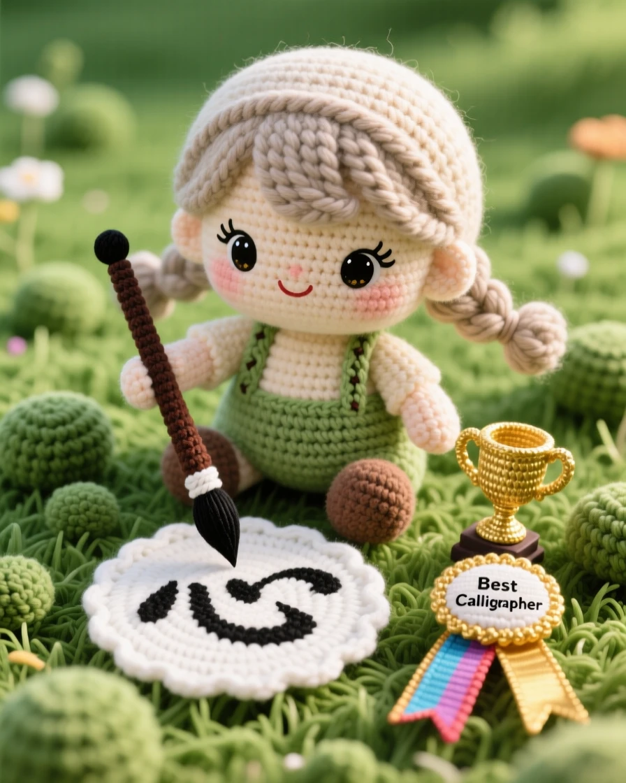 a little girl practicing calligraphy, with an ink brush in hand, carefully painting a graceful character, in a grassy field perfect for outdoor play, with a small trophy or ribbon nearby, radiating cheerful curiosity and hands-on delight.