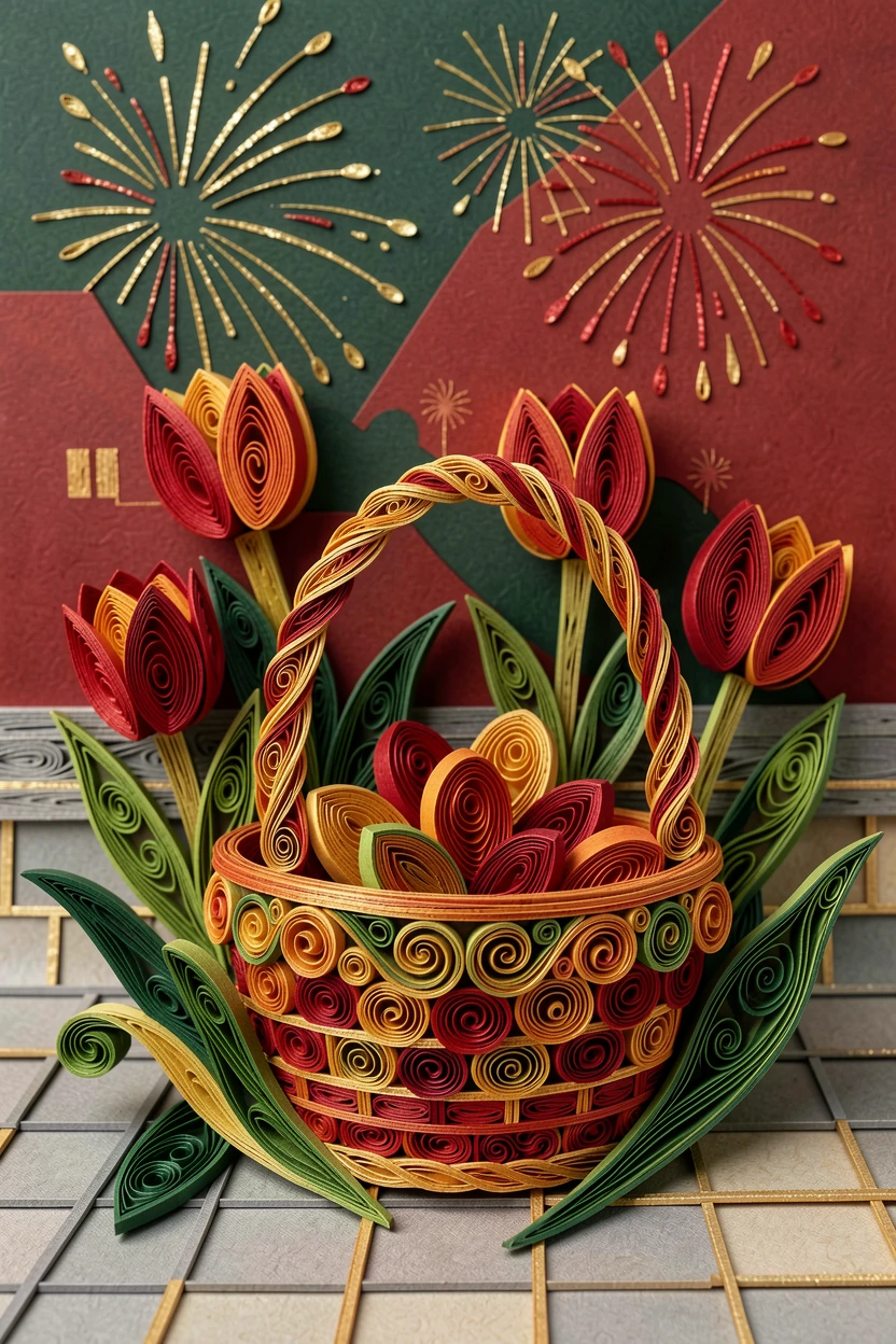 a springtime Easter basket nestled among tulips, on a rooftop overlooking a fireworks-lit skyline, shown from a warm, intimate close-up perspective, in classic holiday tones of red, green, and gold.
