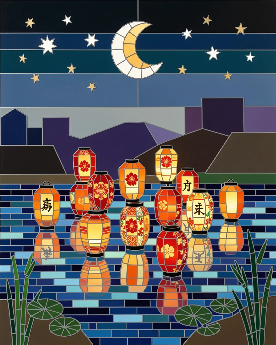 A vibrant, festive scene of a peaceful Japanese lantern festival floating on a river at night, rich in color and cultural detail.