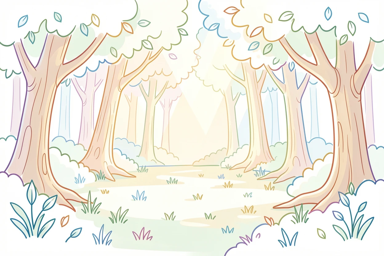 A quiet forest clearing filled with soft rays of dappled sunlight.