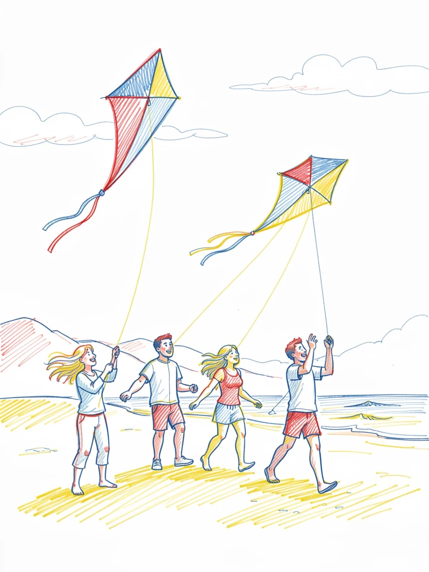 A group of friends flying kites together on a windy beach