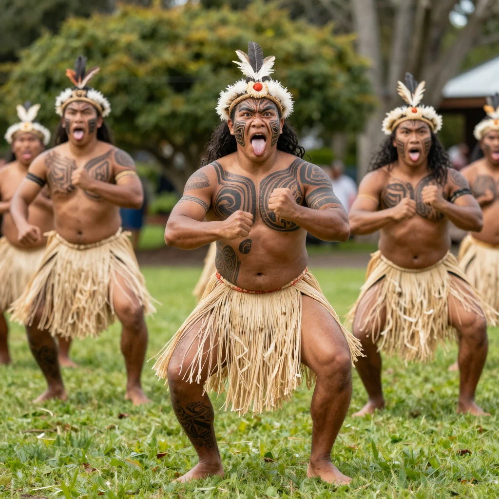 A traditional Maori haka performance with fierce expressions