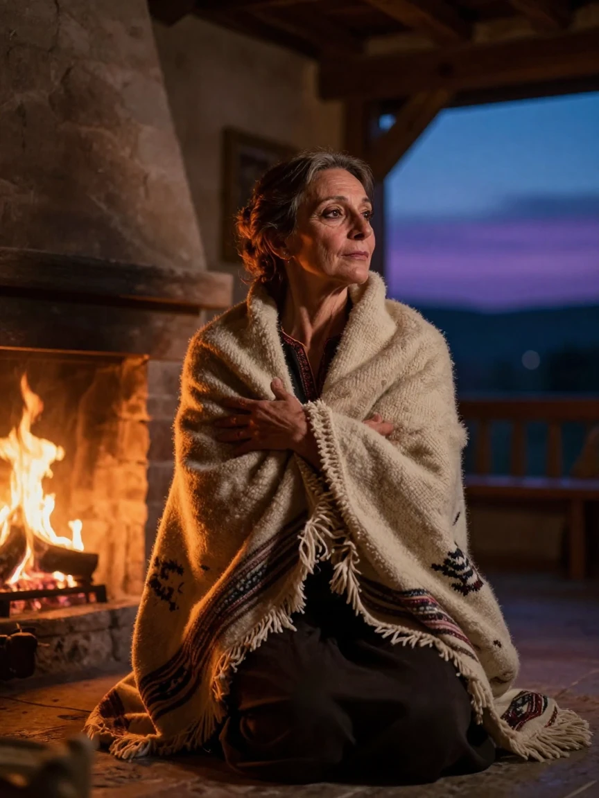 A middle-aged Greek dancer wrapped in a thick woolen blanket beside a crackling fireplace at dusk