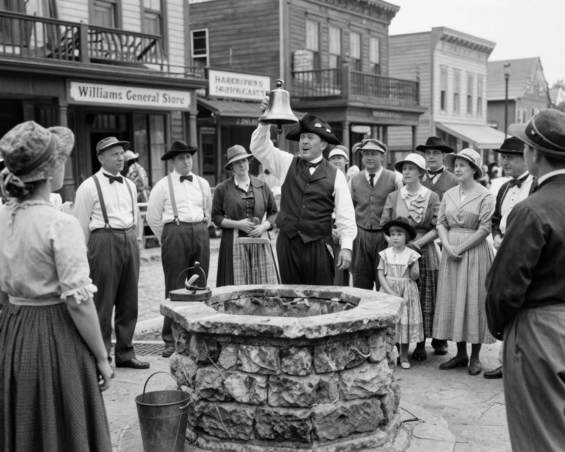 A town crier announces news in the market square beside a stone well.