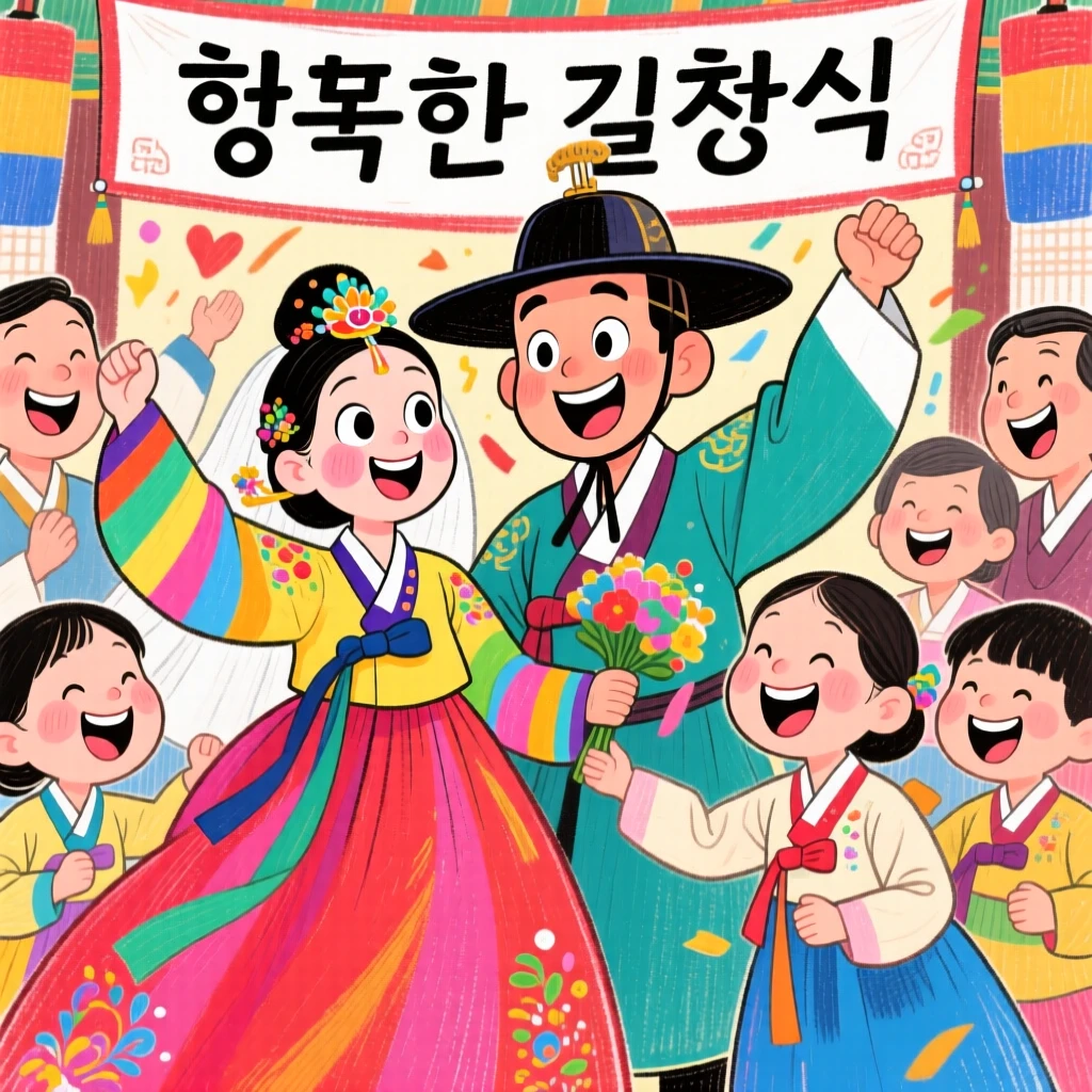 A family celebrating a traditional Korean hanbok-clad wedding ceremony.