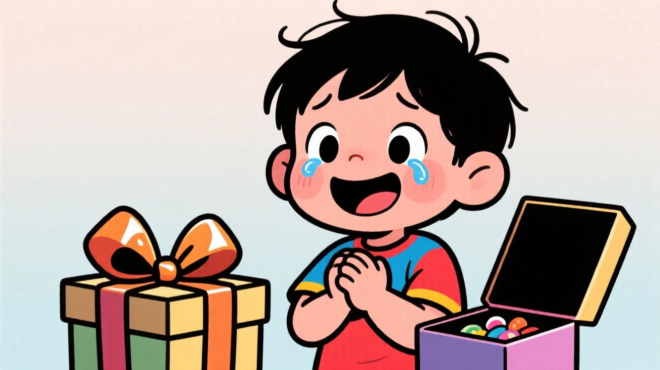 A heartwarming moment depicting a young child receiving a surprise that brings happy tears, with hands clasped tightly together.