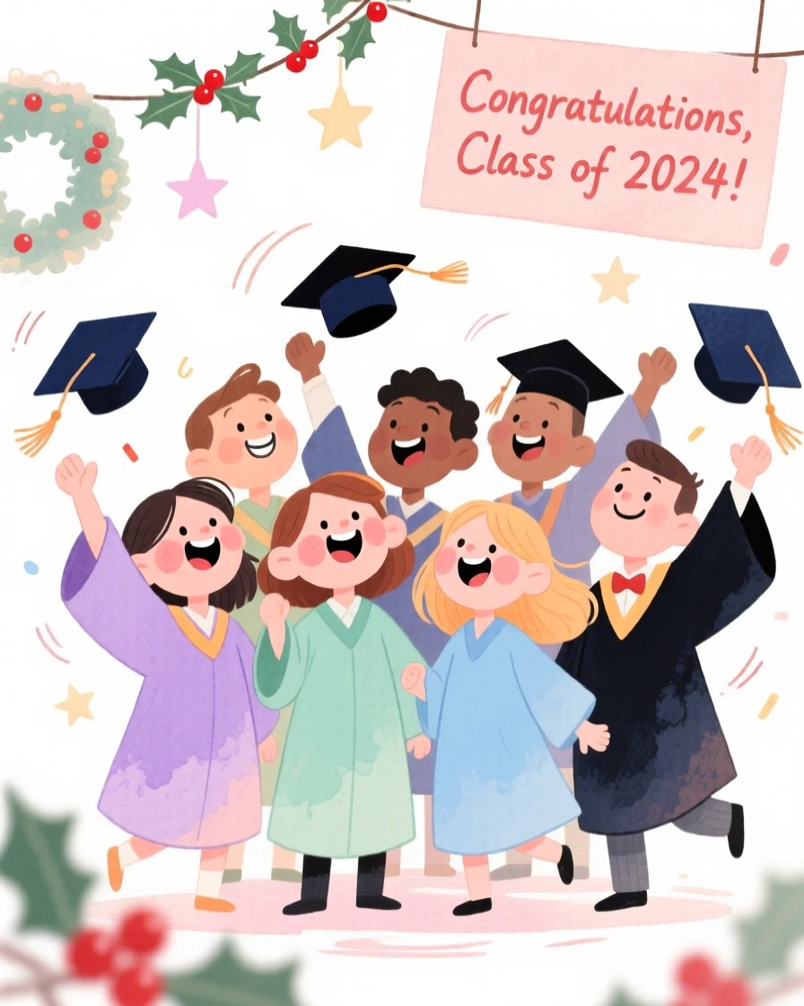 A joyful celebration scene of a graduation celebration with caps thrown into the air, radiating cozy holiday cheer