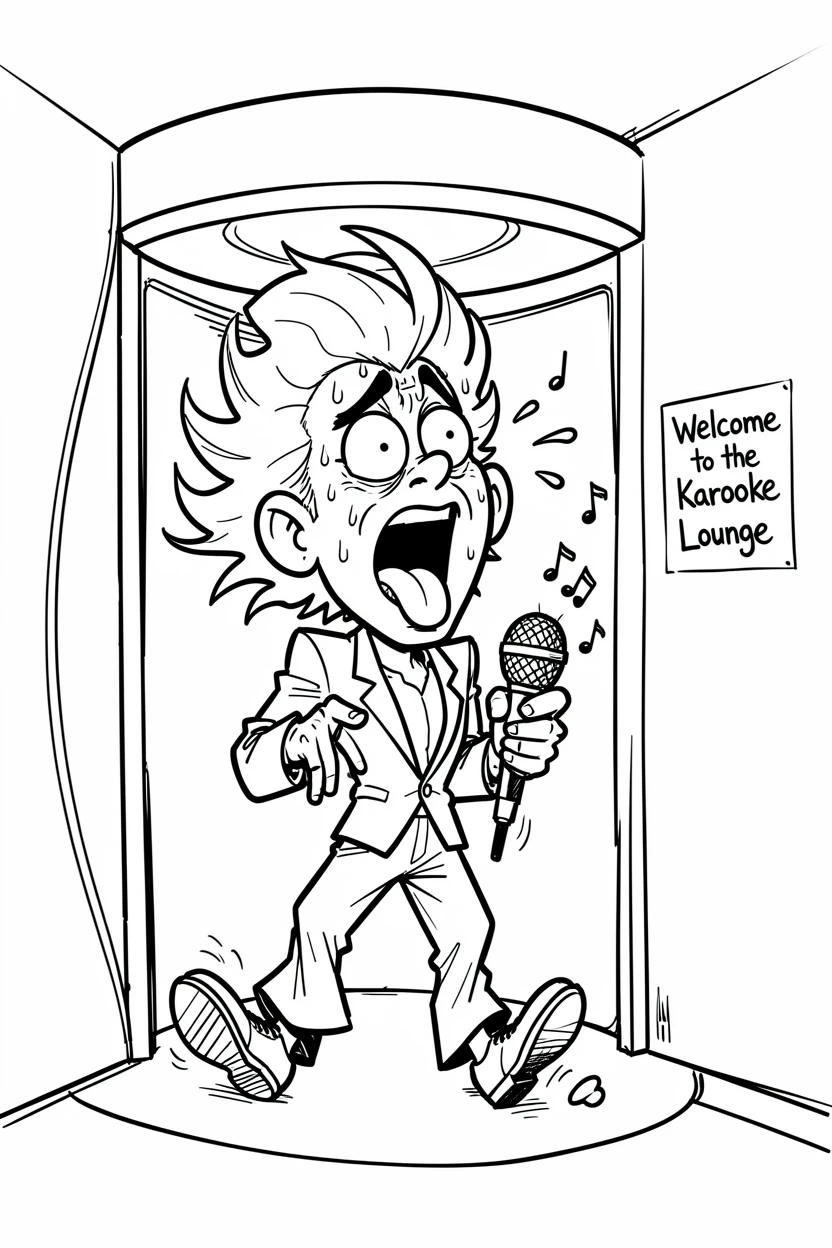 [Funny & Exaggerated Situations] Comical scene of a dramatic karaoke singer getting stuck in a revolving door, exaggerated for maximum laughs