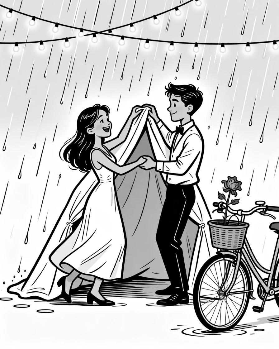 Two people building a blanket fort together, twirling each other under the pouring rain, set at a wedding reception decorated with fairy lights. The bike's basket holds a single, forgotten flower. It radiates warmth, laughter, and quiet devotion.