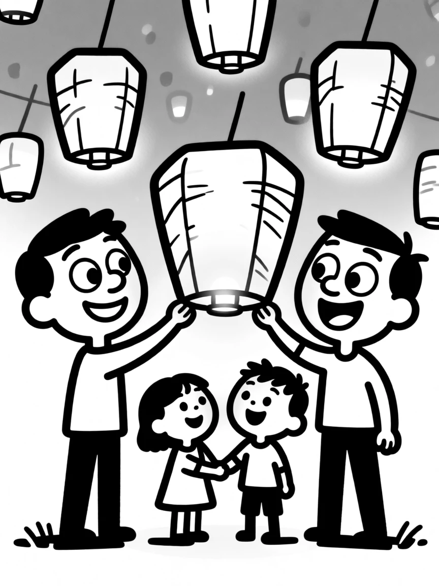 A family lighting sky lanterns together at a nighttime festival, faces glowing warmly.