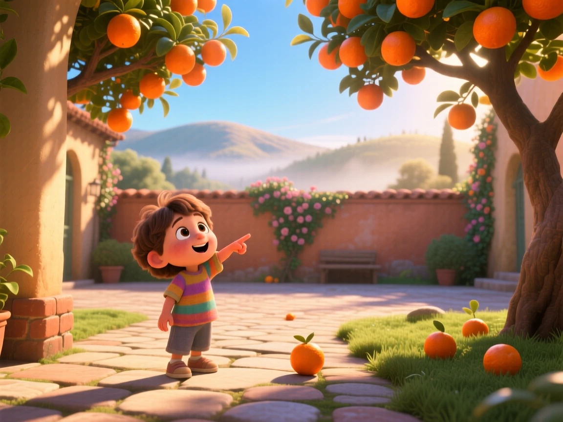 A child pointing excitedly at the view stands inside a sunlit courtyard filled with orange trees, sharing a quiet moment together. A quiet excitement for discovery lingers in the air, with a light mist clinging to the distant hills.
