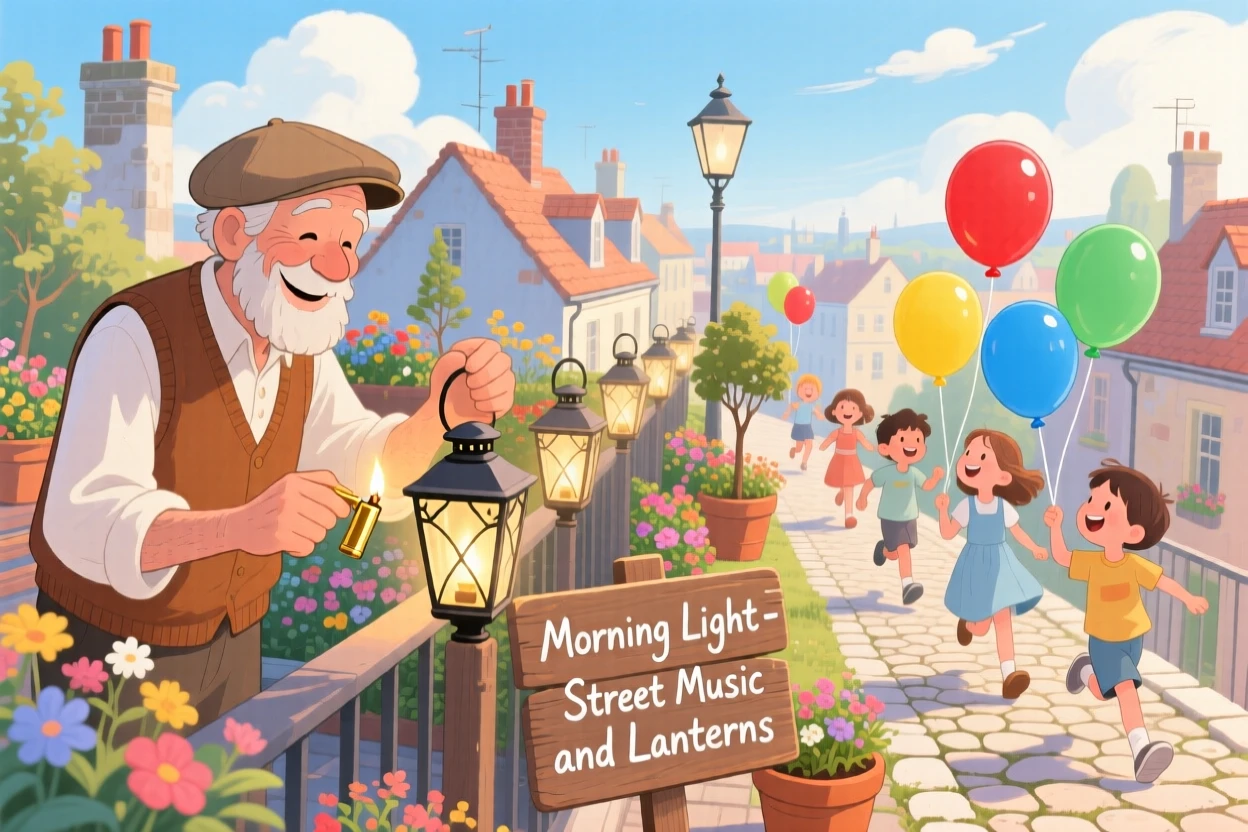A street musician spends the morning lighting the lamps along a cobblestone street in a rooftop garden overlooking the town, while children skip past with balloons.