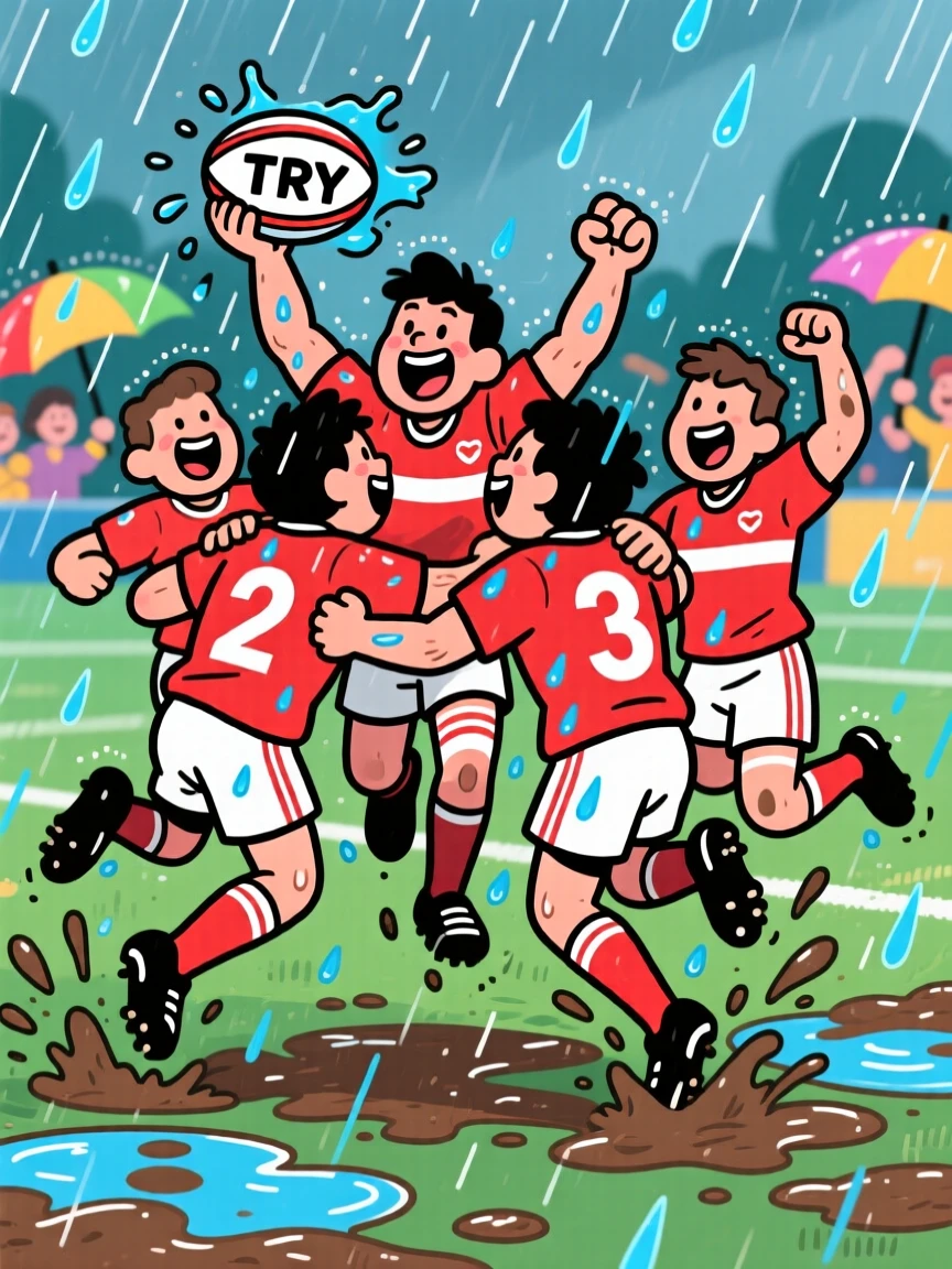 A rugby team celebrating a try in the pouring rain.