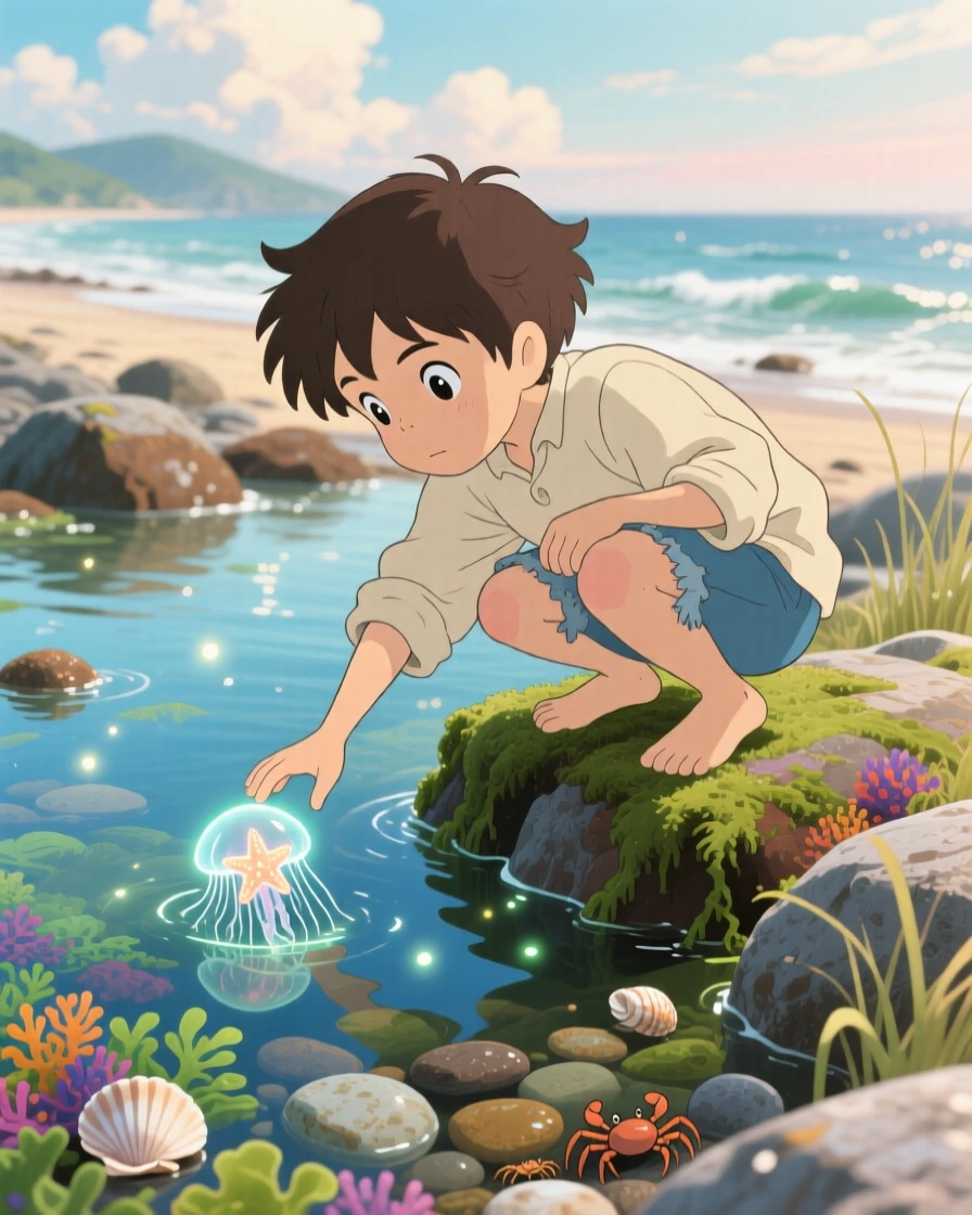 A boy exploring a tide pool with a curious expression, the moment bursting with curiosity.