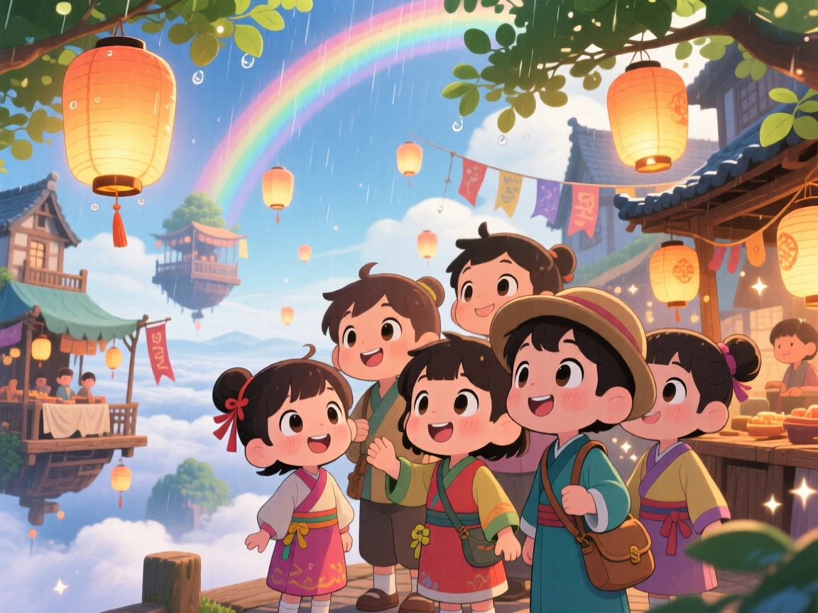 Close-up portrait of townsfolk children, gathering at a floating lantern market, in a magical sky-city marketplace, under a rainbow after the rain, illuminated by warm morning light filtering through leaves, radiating eager anticipation.