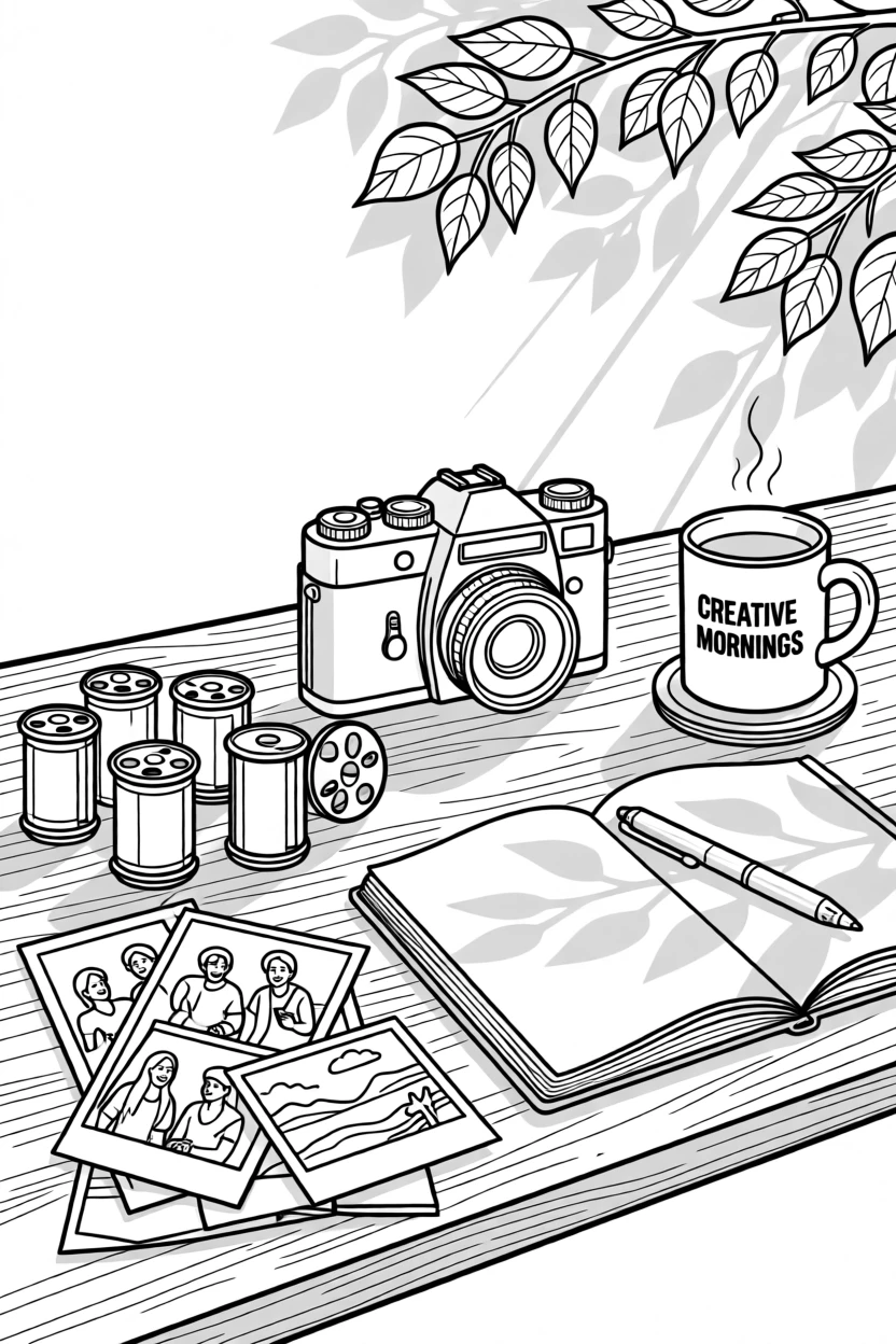 A cluttered desk with a camera, film rolls, and printed photos, with soft morning light filtering through the leaves.