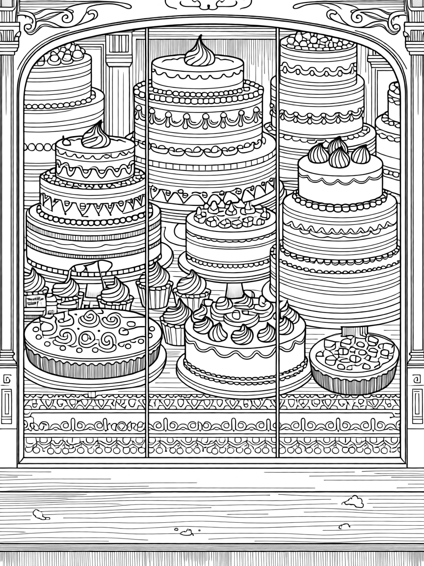 A bakery window display of layered cakes and frosted pastries.