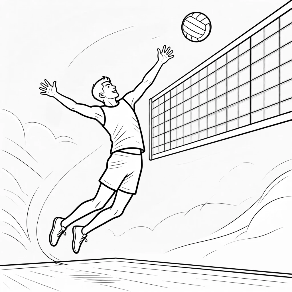 A volleyball player spiking the ball at the net